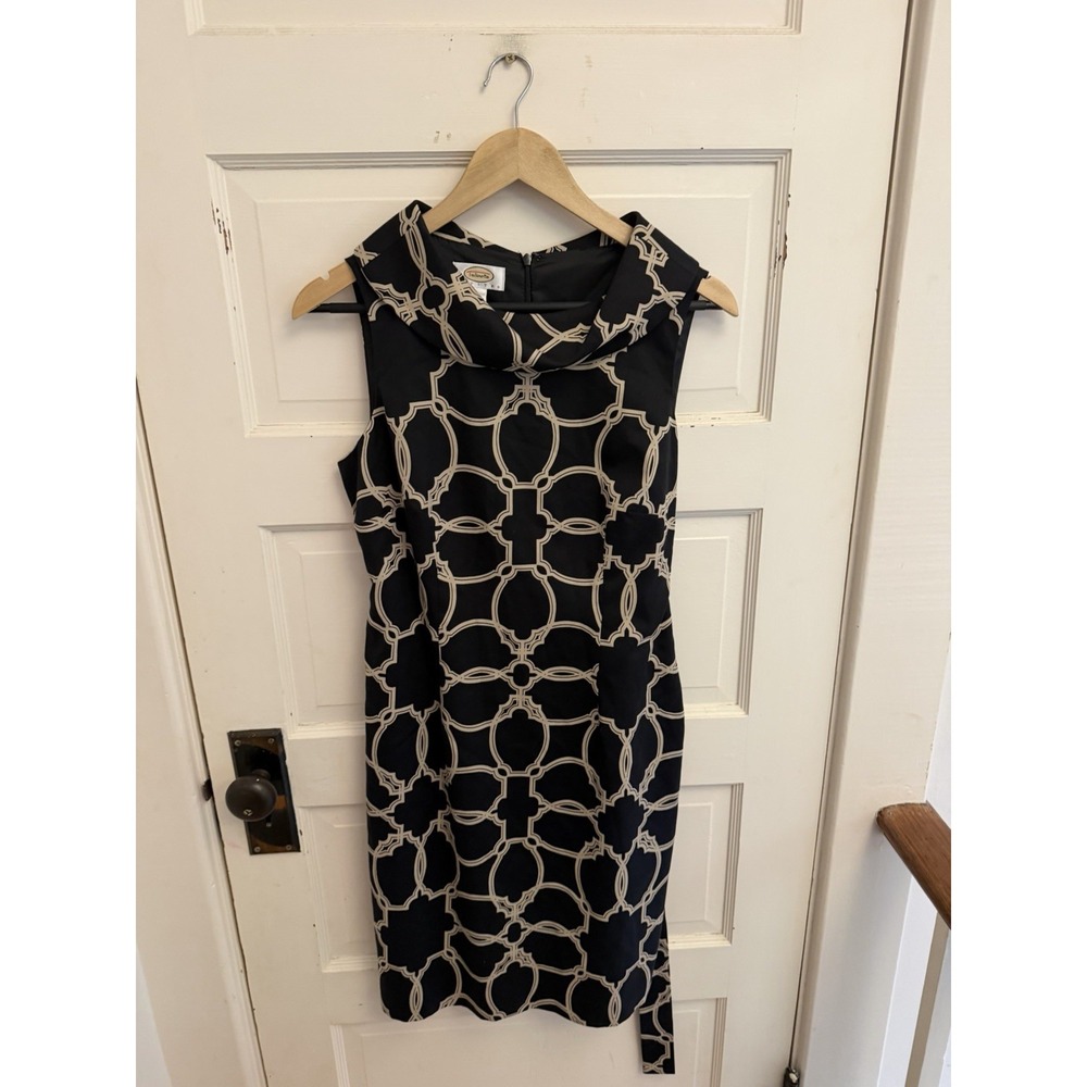 Talbots Vintage‎ Black Art Deco Print Silk Cotton Sheath Dress Belt Size 6P $249